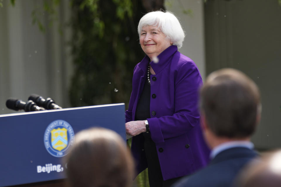 U.S. Treasury Secretary Janet Yellen arrives for a press conference in Beijing, China, Monday, April 8, 2024. (AP Photo/Tatan Syuflana)