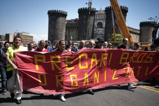 Workers march in downtown Naples on May 3, during a protest to demande new job opportunities. Italians voted in local elections Sunday seen as a test of the country's political mood nearly six months after Prime Minister Mario Monti's government took over and imposed a biting austerity programme