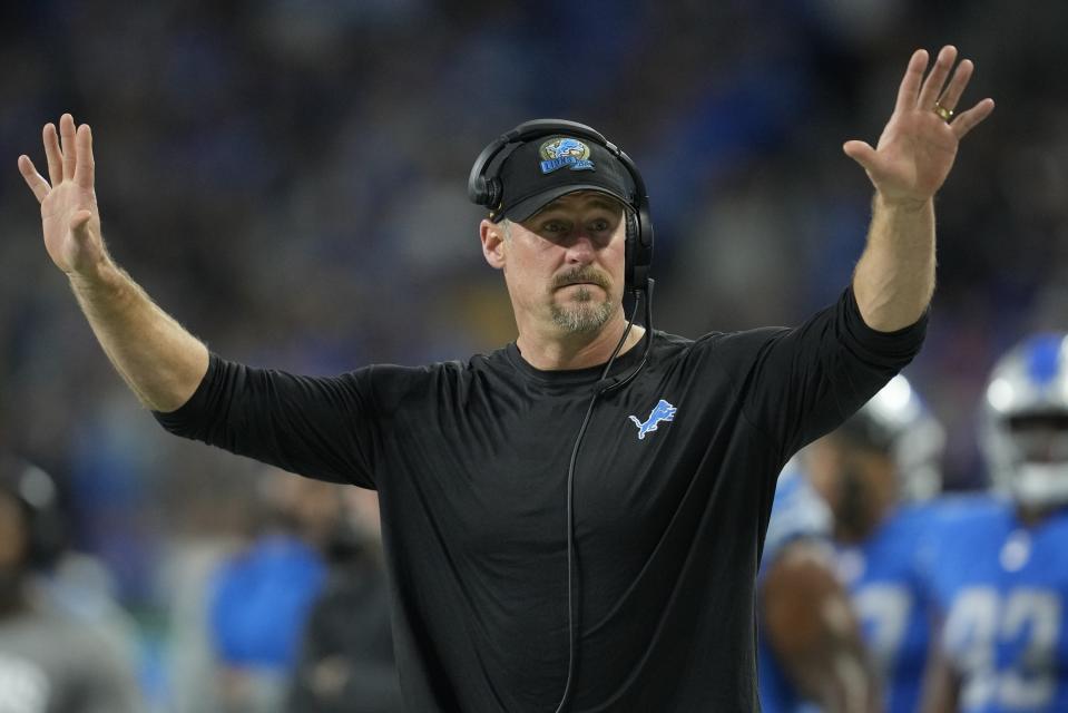 Detroit Lions head coach Dan Campbell reacts during the first half of an NFL football game against the Minnesota Vikings Sunday, Dec. 11, 2022, in Detroit. (AP Photo/Paul Sancya)