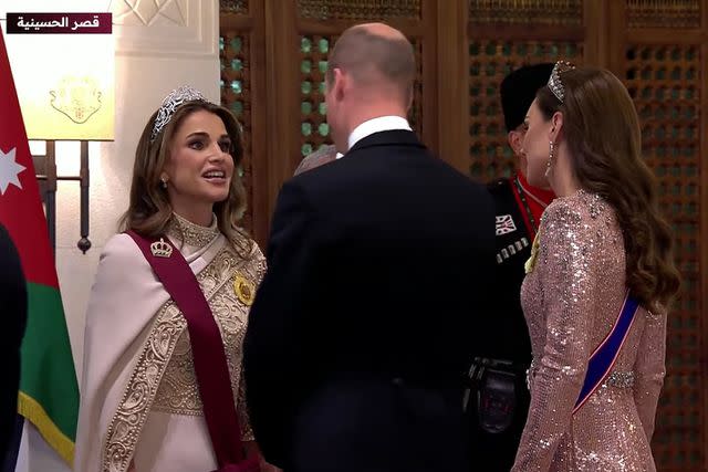 <p>Royal Hashemite Court/Youtube</p> Queen Rania, Prince William and Kate Middleton