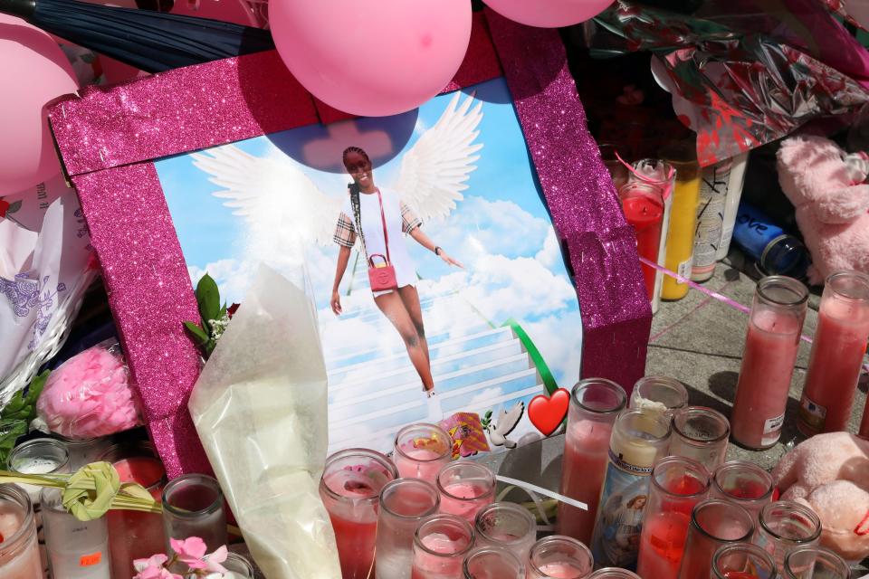 The memorial for 16-year-old Kayla Green in Mount Vernon April 11, 2022. The teenager was stabbed to death at the site on Friday afternoon. 