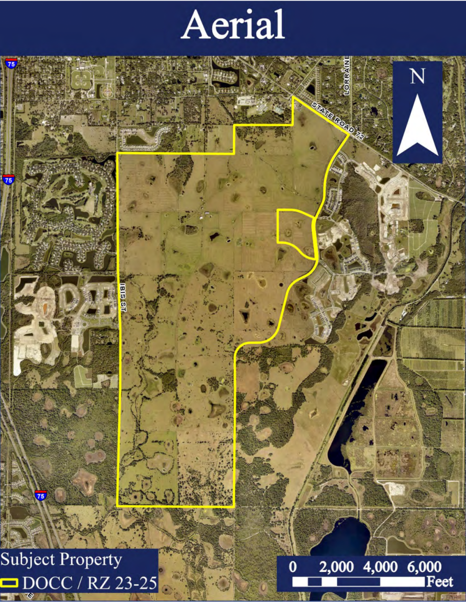 An aerial view of 3H Ranch, which will stretch more than 2,700 acres east of Interstate 75 and south of Clark Road. The master-planned community will contain more than 6,500 residential units and 370,000 square feet of commercial and office space.