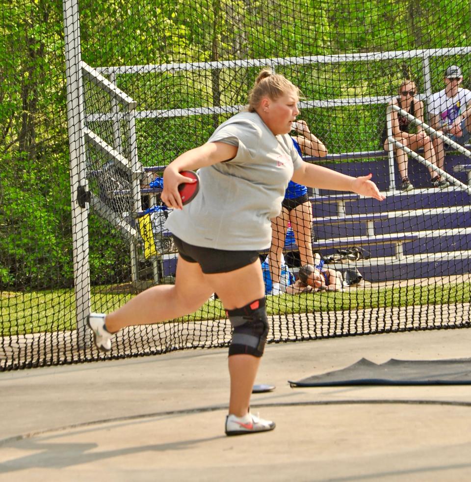 Coldwater's Abby Jones spins her way to a medal at the I-8 conference meet as she finished in fourth place in the discus as well as the shot put.