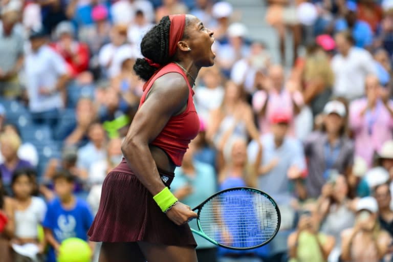 USA's Coco Gauff reacts after defeating Denmark's Caroline Wozniacki to reach the quarter-finals of the US Open (ANGELA WEISS)