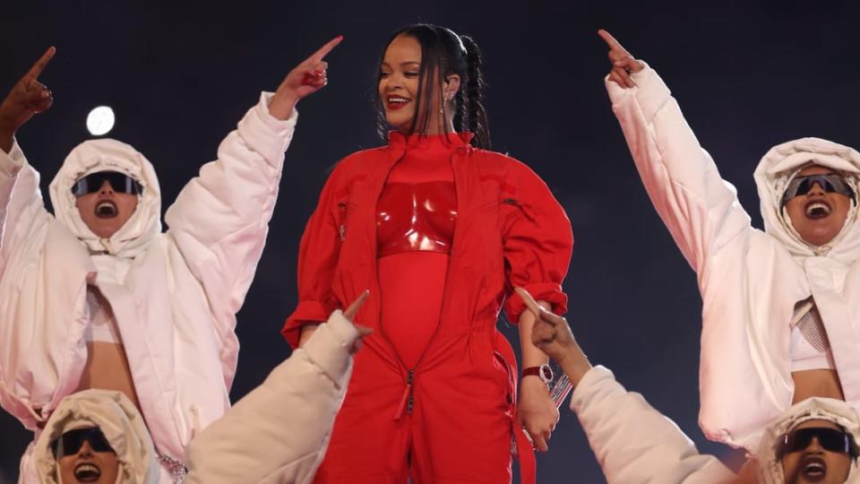 Rihanna performs on an elevated stage during the Apple Music Super Bowl LVII halftime show at State Farm Stadium on Feb. 12 in Glendale, Arizona. Dozens of viewers wrote to the FCC to complain about the show. (Photo: Gregory Shamus/Getty Images)