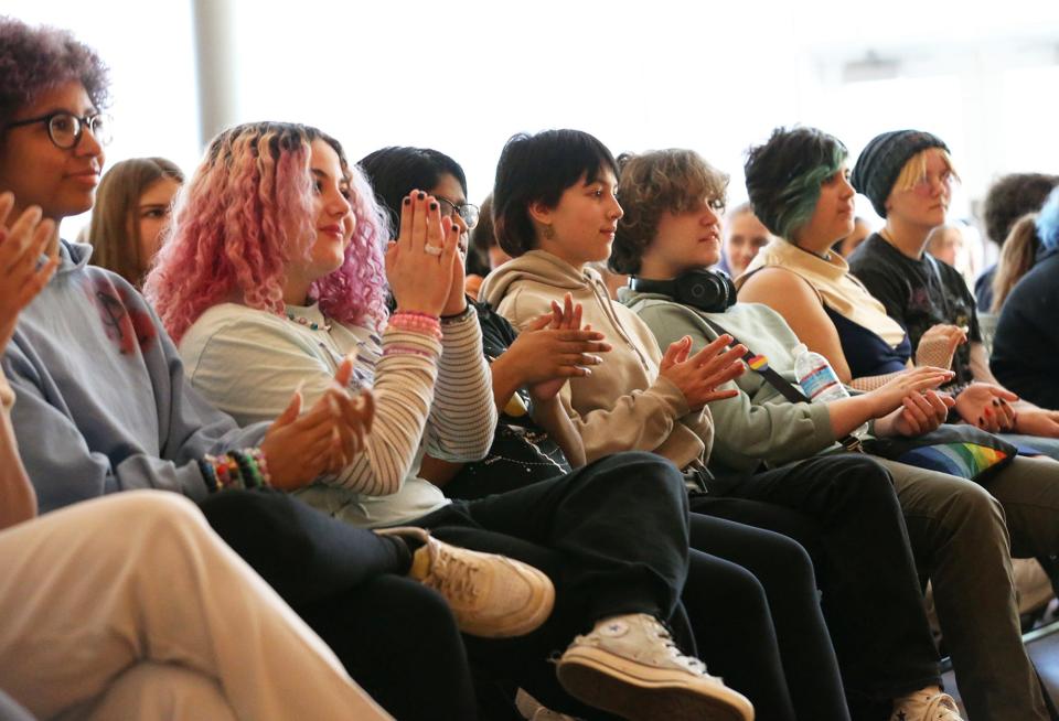 Portsmouth Middle School students react to the Willie J. Laws Blues Band performing Wednesday, Feb. 1, 2023 in a kickoff event for Black History Month.