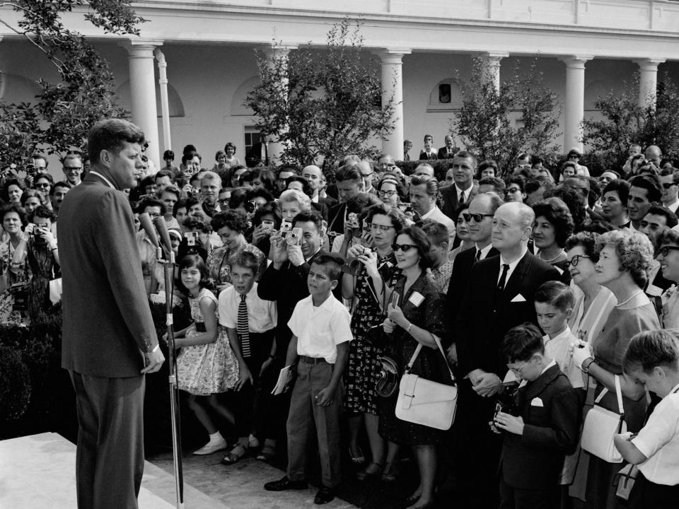 President John F. Kennedy speaking to a crowd in 1963.