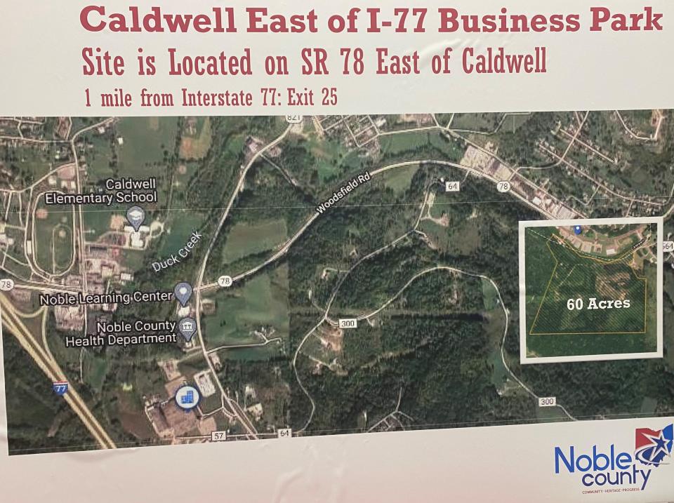 Plans for the Caldwell East of I-77 Business Park were unveiled on April 27 during a press conference at the OSU Extension Southeast Regional Operation Center on Ohio 215 near Belle Valley. This overview shows the location east of Caldwell, approximately one mile from I-77.