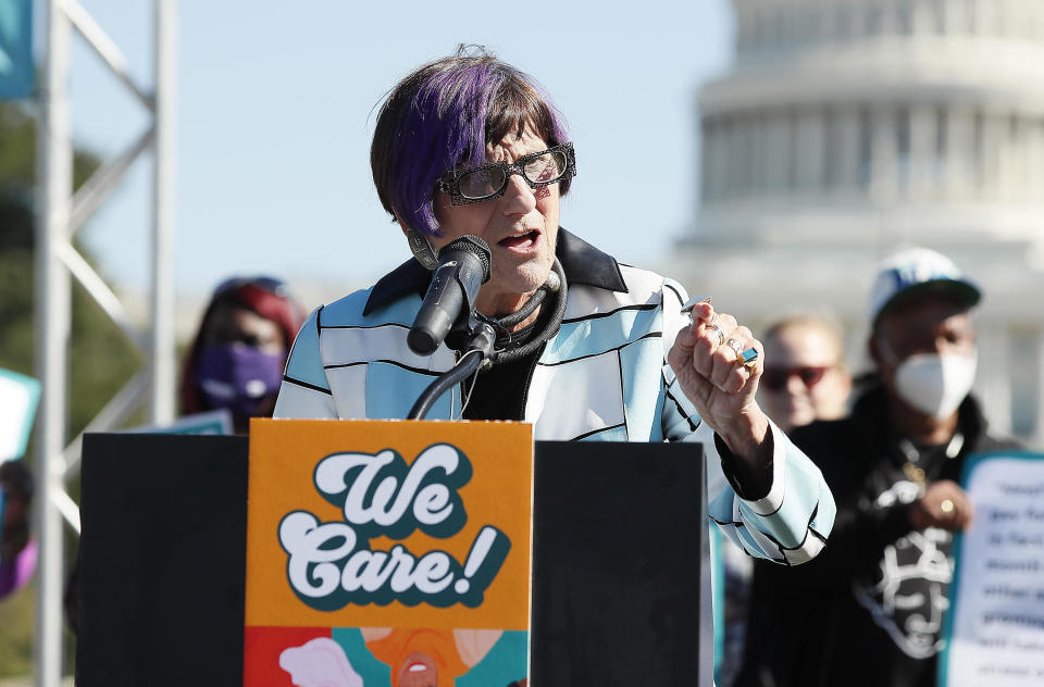 Rep. Rosa DeLauro (D-CT) along with members of Congress, parents and caregiving advocates hold a press conference supporting Build Back Better investments in home care, childcare, paid leave and expanded CTC payments in front of the U.S. Capitol Building on October 21, 2021 in Washington, DC.  / Credit: Paul Morigi / Getty Images for MomsRising Together