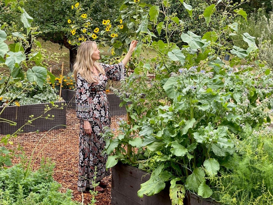 A woman with long, blonde hair in a black, floral dress checks out a sunflower in a garden with four separate patches of crops and plants. There are trees in the backgrround.