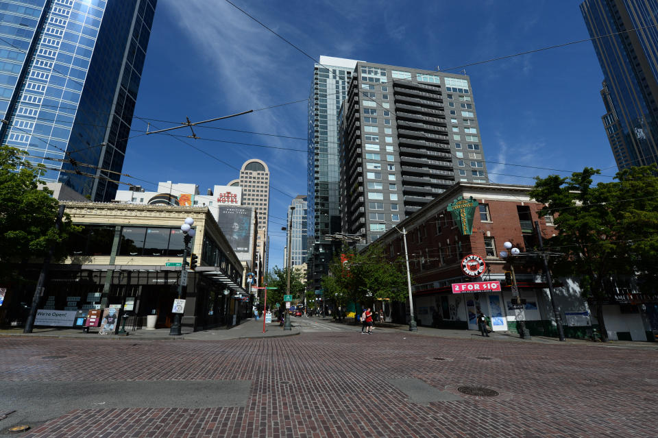 Streets near Seattle's Pike Place Market on May 9, 2020, have little foot and automobile traffic due to the stay-at-home order. (Photo: Photo by Jeff Halstead/Icon Sportswire)