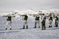 FILE - Reservists of the Karelia Brigade shoot with live rounds during the Etel'-Karjala 22 (South Karelia 22) local defence exercise in Taipalsaari, south-eastern Finland, on March 9, 2022. Finland and Sweden have signaled their intention to join NATO over Russia’s war in Ukraine and things will move fast once they formally apply for membership in the world’s biggest security alliance. Russian President Vladimir Putin has already made clear that there would be consequences if the two Nordic countries join. (Lauri Heno/Lehtikuva via AP, File)