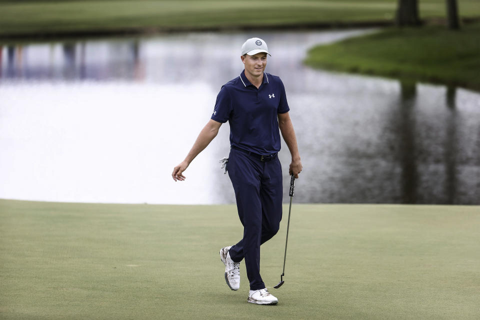 Jordan Spieth walks on a green during the first round of the FedEx St. Jude Championship golf tournament at TPC Southwind in Memphis, Tenn., Thursday, Aug. 10, 2023. (Mark Weber/Daily Memphian via AP)