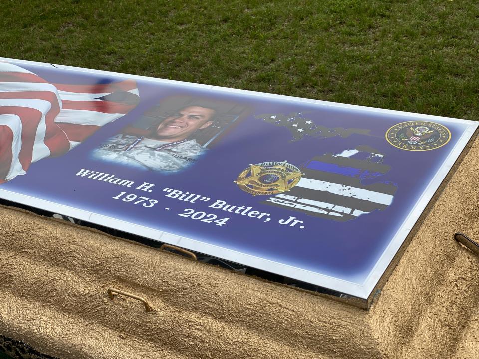 The burial vault for Hillsdale County Sheriff's Deputy William Butler Jr., personalized by Wilbert Funeral Services, is pictured Wednesday at Lakeview Cemetery in Hillsdale.