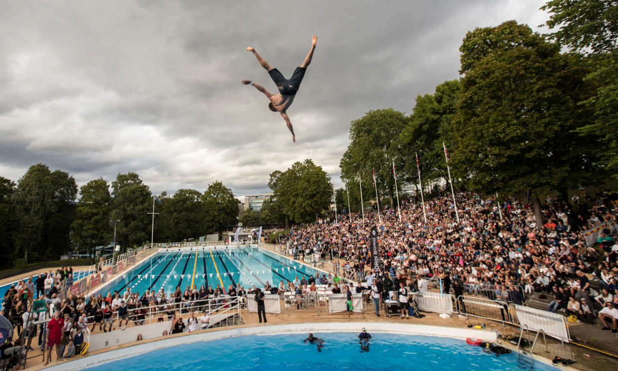 A competitor in the air during the World Championships in belly-flopping at Frognerbadet in Oslo, Norway August 19, 2017. NTB scanpix/Vidar Ruud/via REUTERS    ATTENTION EDITORS - THIS IMAGE WAS PROVIDED BY A THIRD PARTY. NORWAY OUT. NO COMMERCIAL OR EDITORIAL SALES IN NORWAY. NO COMMERCIAL SALES.