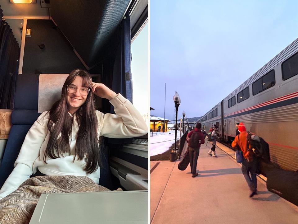 Side-by-side photos show the author in an Amtrak roomette (left) and an Amtrak train (right).