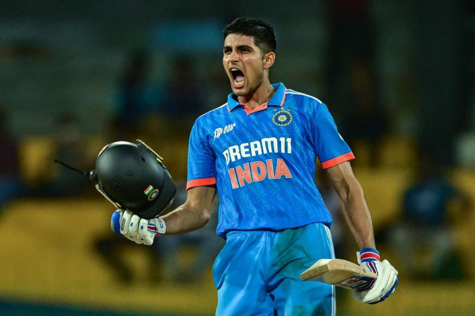 File: India's Shubman Gill celebrates after scoring a century (100 runs) during the Asia Cup 2023 Super Four one-day international (ODI) cricket match between India and Bangladesh (AFP via Getty Images)