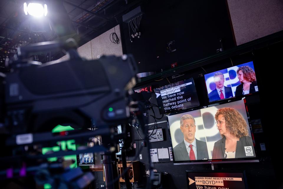 Bruce Hough and Celeste Maloy take part in a televised debate at KSL-TV in Salt Lake City on Tuesday, Aug. 15, 2023. The two are running in the GOP primary to replace Rep. Chris Stewart in Utah’s 2nd Congressional District. | Spenser Heaps, Deseret News