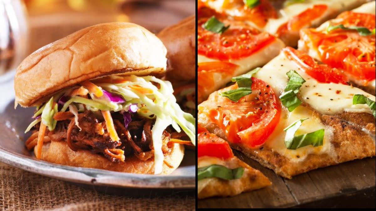 Pulled Pork and Flatbread Pizza are cheap and easy game day snacks sure to score big points with guests.