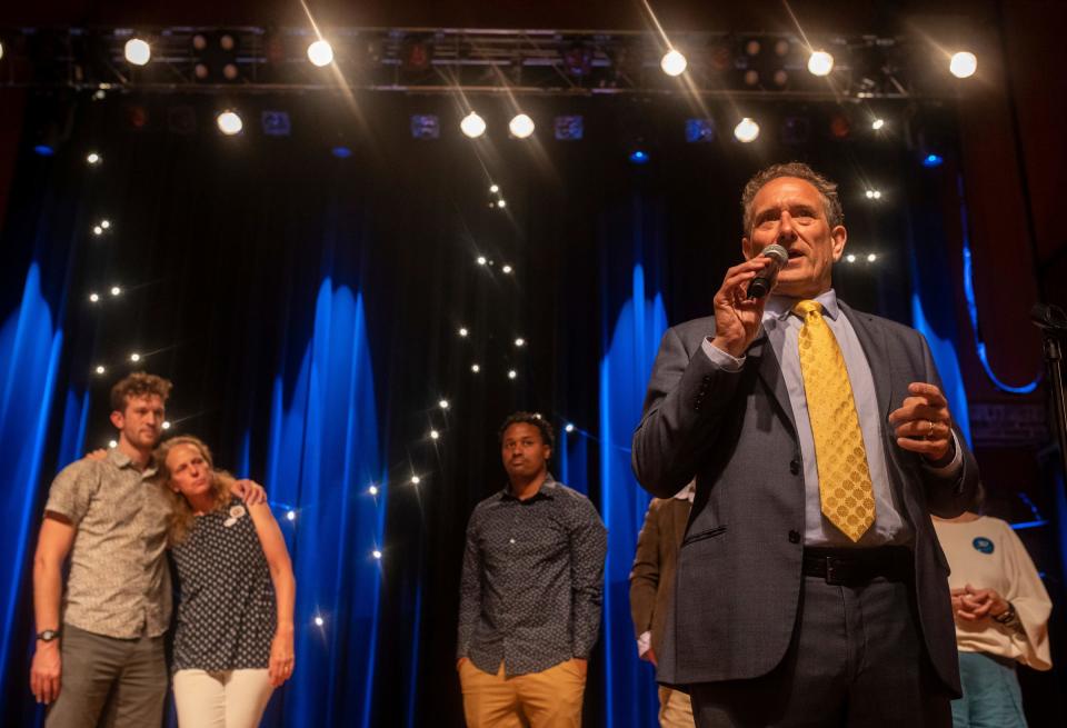 Andy Levin gives a speech to his friends, family and other supporters after losing Michigan's District 11th race to Congresswoman Haley Stevens in Pontiac on Aug. 2, 2022.