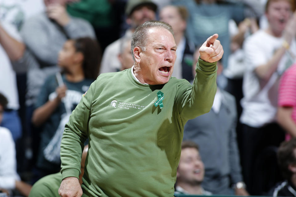 Michigan State coach Tom Izzo reacts during the first half of an NCAA college basketball game against Villanova, Friday, Nov. 18, 2022, in East Lansing, Mich. (AP Photo/Al Goldis)