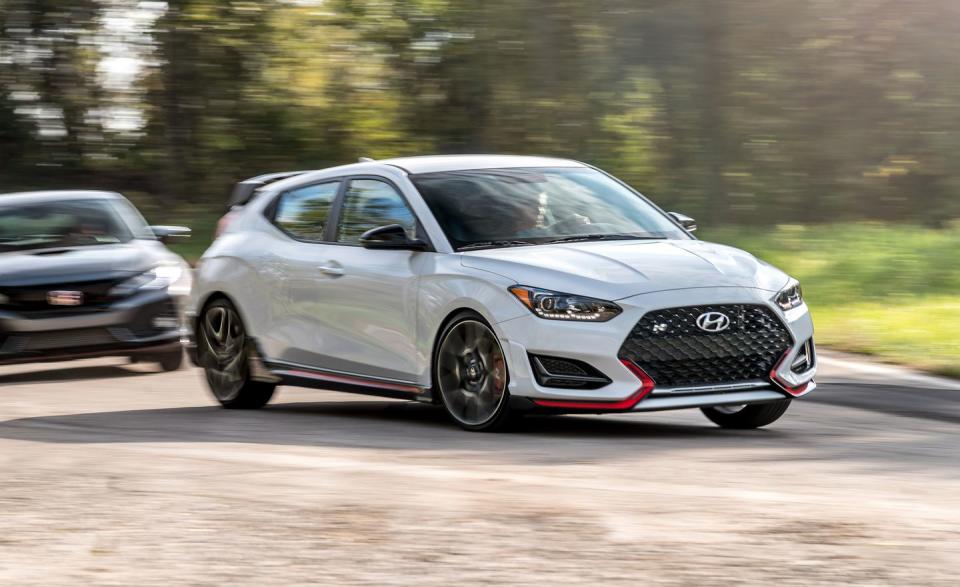 <p>In price and straight-line performance, the 275-hp Veloster N Performance package squeezes into the space between the Honda Civic Si and the Type R.</p>