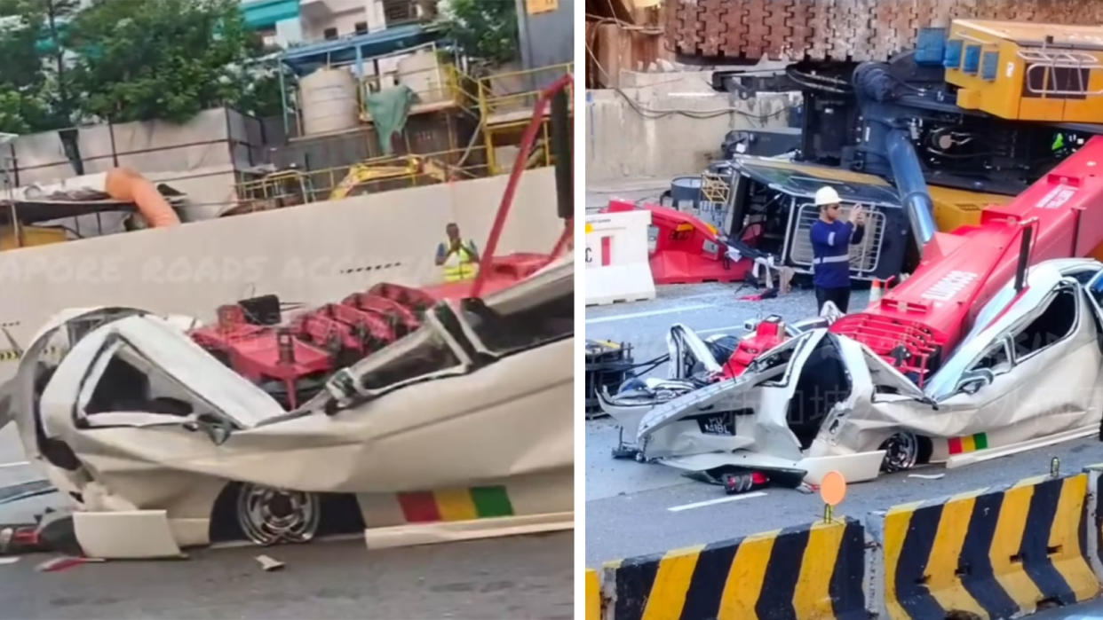 The crane was involved in works at a construction site along Punggol Road, near the junction of Compassvale Street, and had toppled over and crushed a white van. (Images: Singapore roads accident.com新加坡公路意外网页/Facebook)