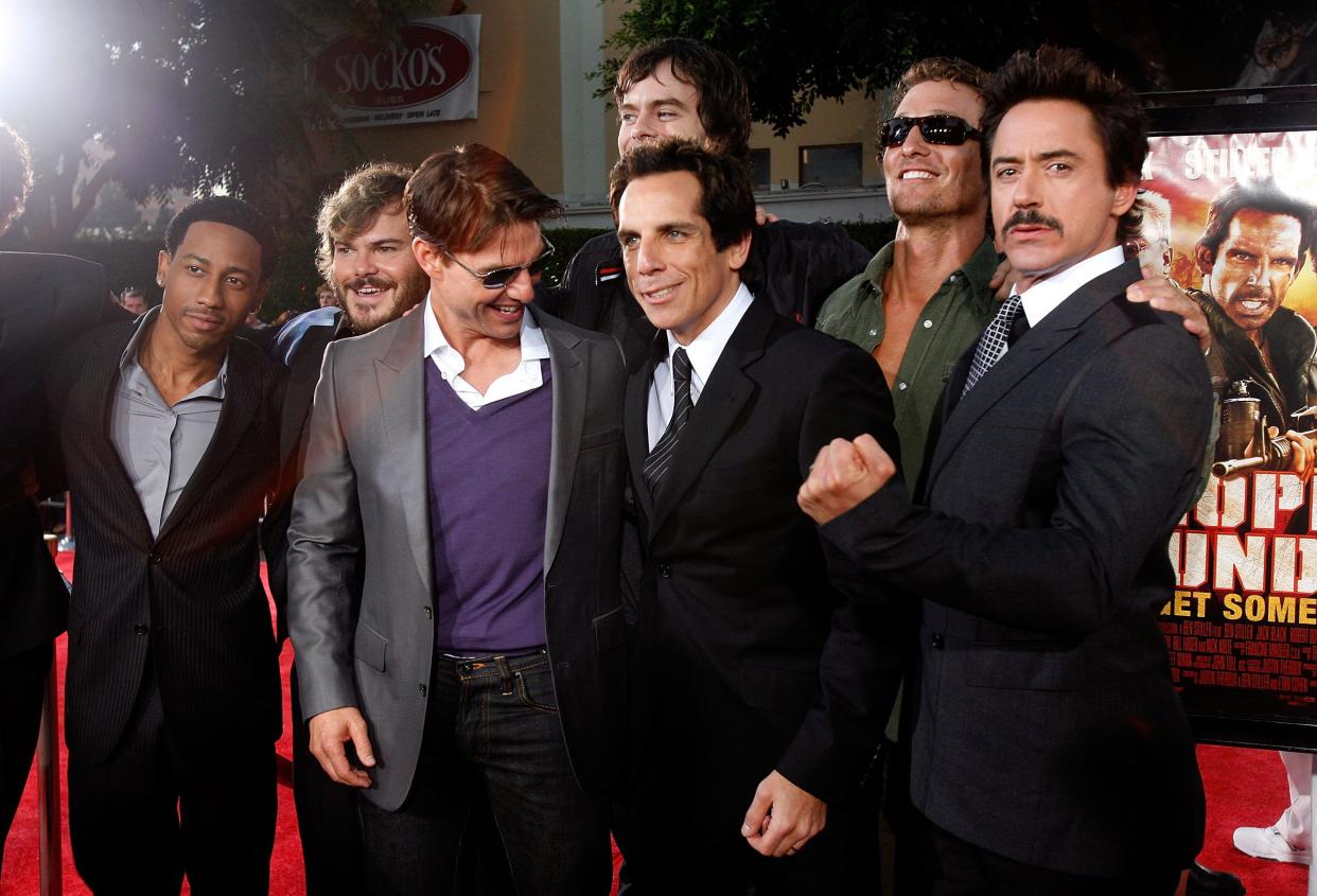 Actors Brandon T. Jackson, Jack Black, Tom Cruise, Bill Hader, Ben Stiller, Matthew McConaughey, and Robert Downey Jr. arrives on the red carpet of the Los Angeles Premiere Of "Tropic Thunder" at the Mann's Village Theater on August 11, 2008 Los Angeles