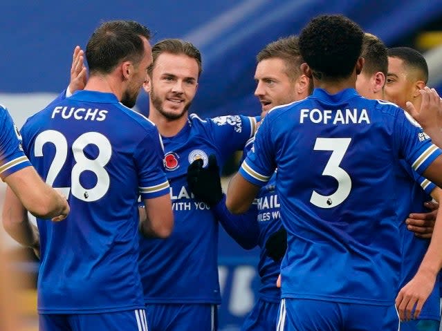 Leicester celebrate scoring against Wolves (POOL/AFP via Getty Images)