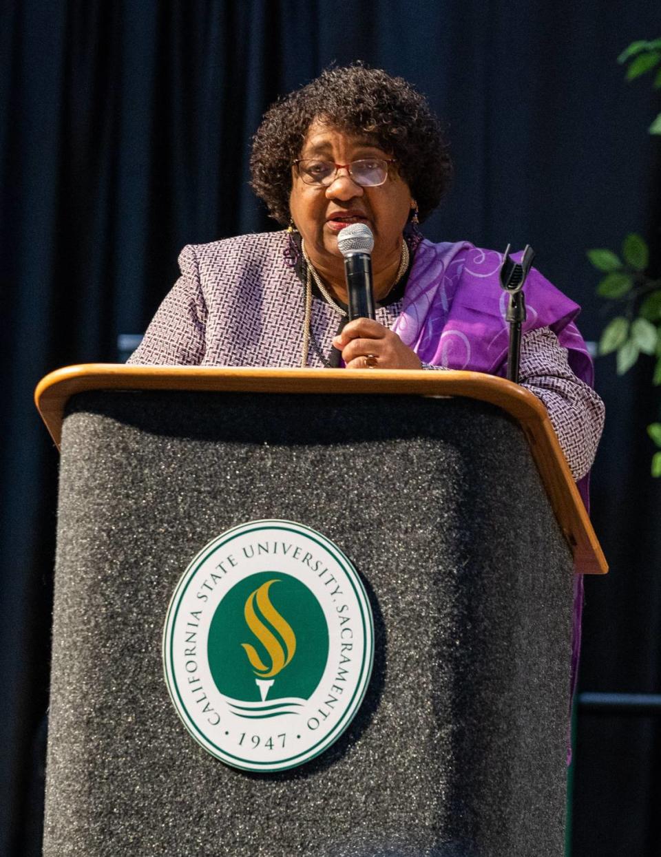California Secretary of State Shirley Weber gives a speech on reparations as part of the Green & Gold speaker series in the University Union Ballroom at Sacramento State on Tuesday, Feb. 7, 2023.