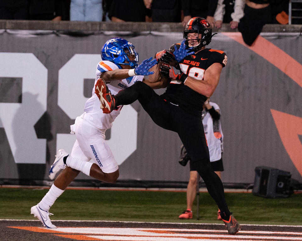 Oregon State's Luke Musgrave was the first of two tight ends selected by the Packers in the NFL Draft on Friday. (Photo by Ali Gradischer/Getty Images)