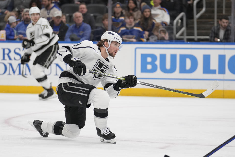 Los Angeles Kings' Adrian Kempe scores during the first period of an NHL hockey game against the St. Louis Blues Sunday, Jan. 28, 2024, in St. Louis. (AP Photo/Jeff Roberson)