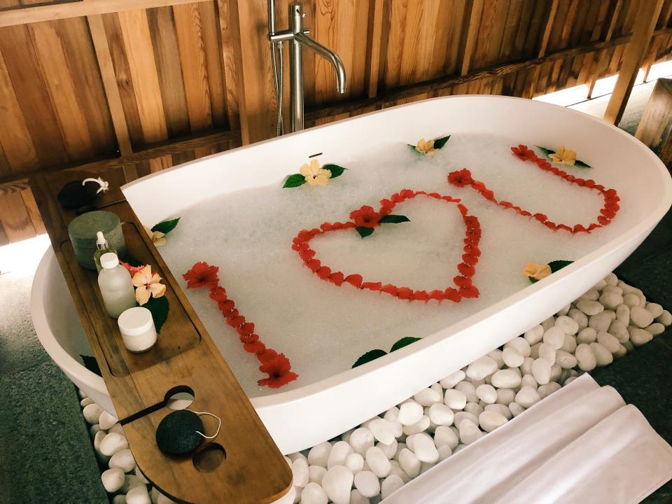 The “I LOVE YOU” bubble bath we came “home” to.