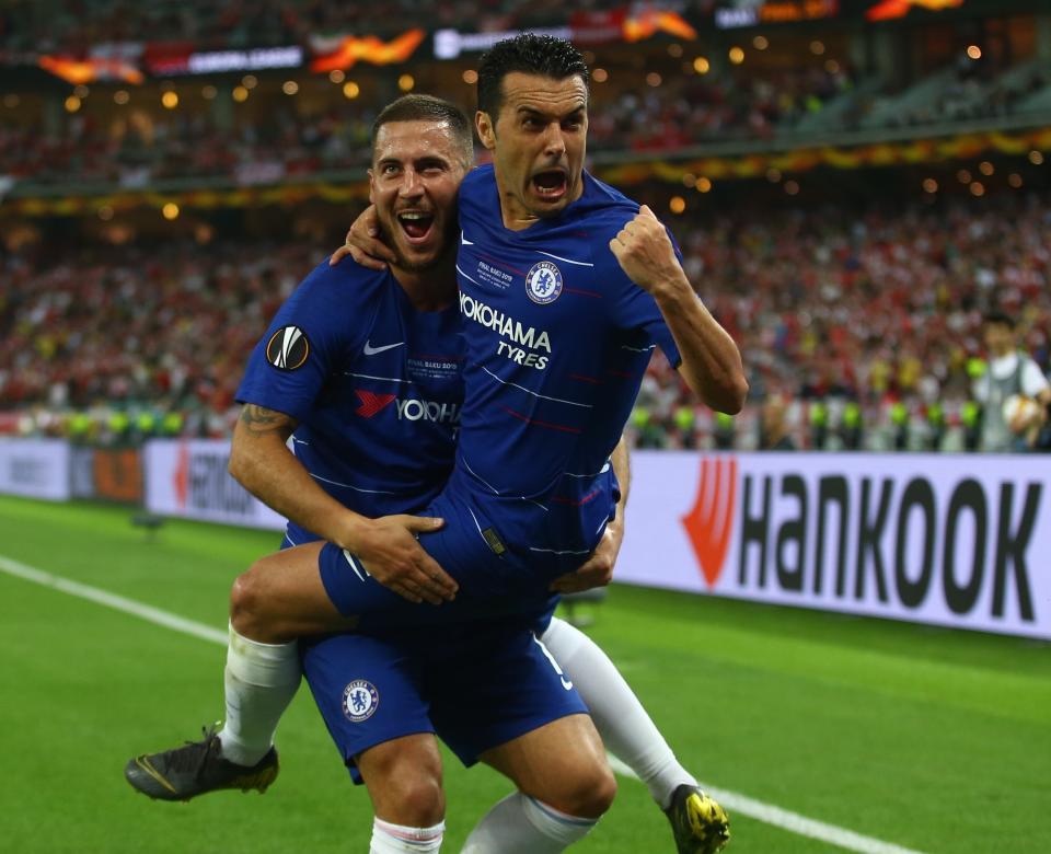 BAKU, AZERBAIJAN - MAY 29: Eden Hazard  (10) celebrates with his team mate Pedro Rodriguez after scoring a goal during the UEFA Europa League final between Chelsea FC and Arsenal FC at the Olympic Stadium in Baku, Azerbaijan, on 29 May 2019.  (Photo by Resul Rehimov/Anadolu Agency/Getty Images)