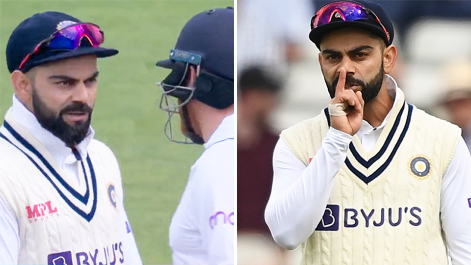 Virat Kohli (pictured left) arguing with Jonny Bairstow and (pictured right) Kohli gesturing towards the batter.