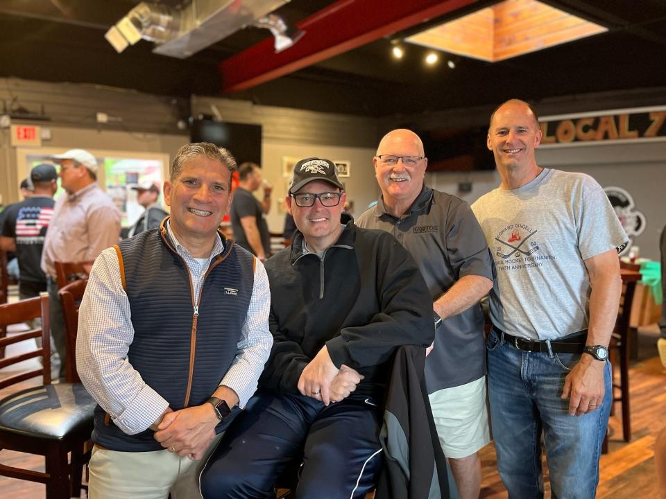 Retired Providence fire Capt. John O'Reilly, left, Providence fire Capt. James L. Varin Sr., who was then fighting cancer, and retired Providence fire captains Tom Brearley and Tim Gingell at a breakfast gathering for Varin in May 2022.