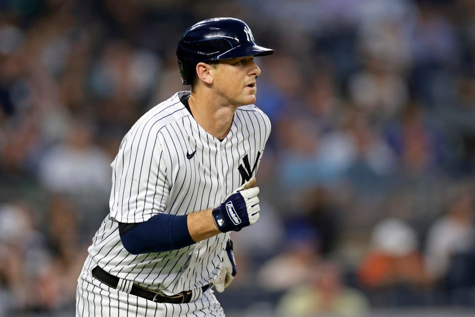 Yankees first baseman DJ LeMahieu watches his home run against the Tigers during the first inning of the Tigers' 5-1 loss to Yankees on Tuesday, Sept. 5, 2023, in New York.