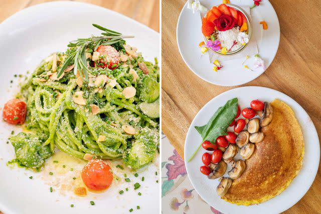 Gunnar Knechtel From left: Vegan pesto spaghettini at El Chiringuito; a plant-based omelet and parfait at Wild Beets.