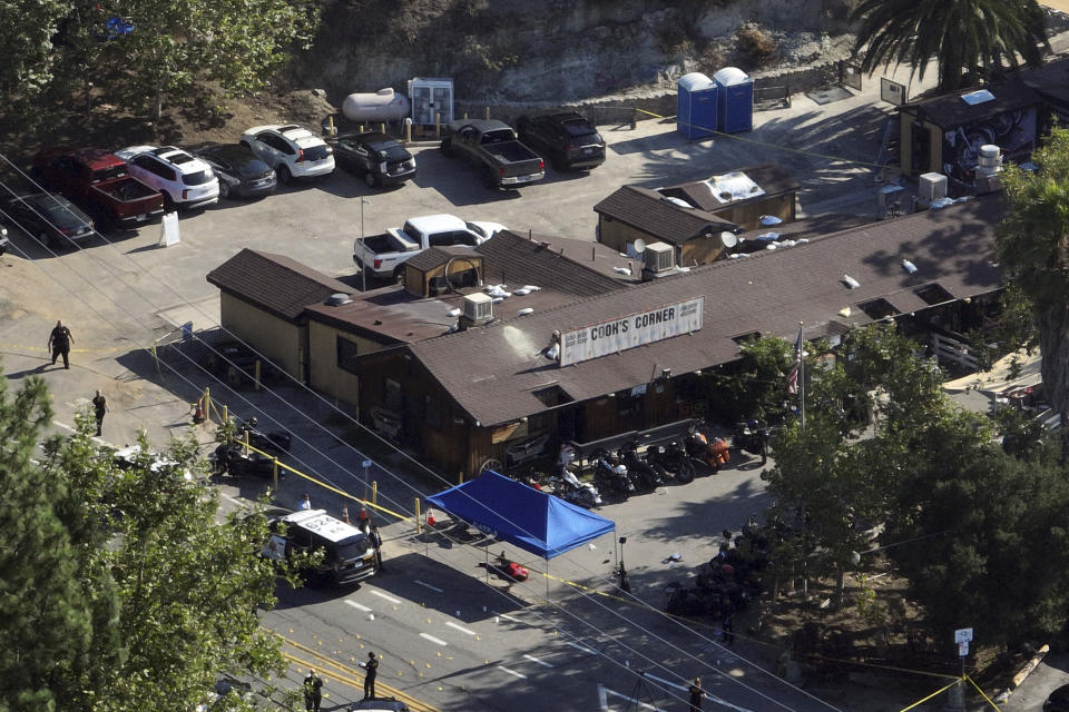 This aerial photo shows Cook's Corner, the scene of mass shooting, Thursday, Aug. 24, 2023, in Trabuco Canyon, Calif. (AP Photo/Jae C. Hong)