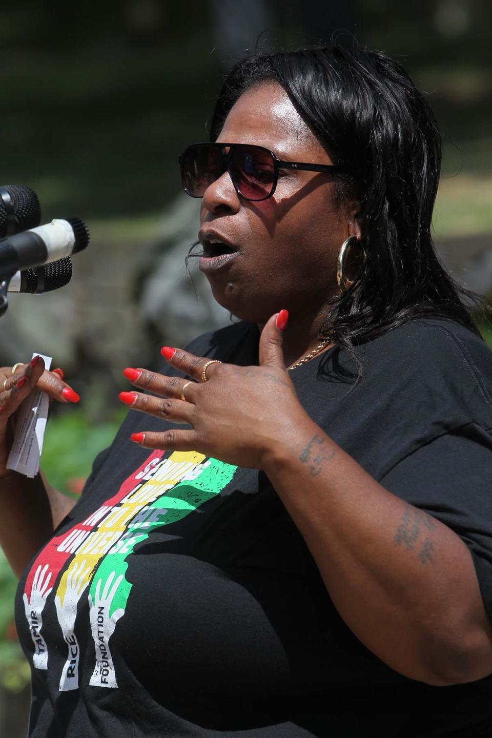 Samaria Rice, the mother of Tamir Rice, speaks during a protest Saturday in Akron. Tamir Rice, 12, was shot and killed in 2014 by a Cleveland police officer.