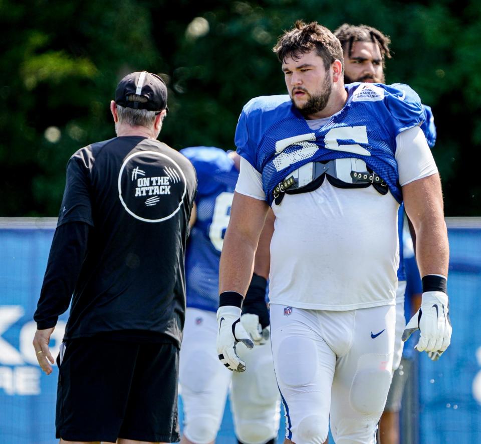 The Indianapolis Colts Quenton Nelson (56) chats with staff during Colts Training Camp on Tuesday, Aug. 23, 2022, at Grand Park in Westfield Ind. 