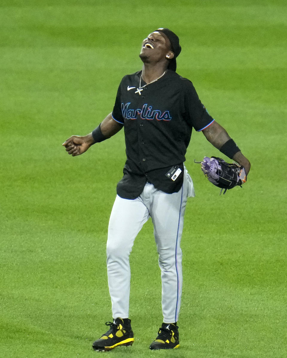 Miami Marlins center fielder Jazz Chisholm Jr. celebrates after getting the final out of a win over the Pittsburgh Pirates in a baseball game in Pittsburgh, Friday, Sept. 29, 2023. (AP Photo/Gene J. Puskar)