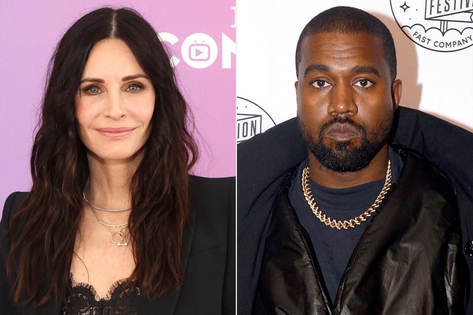 Courteney Cox from Starz’ ‘Shining Vale’ attends Deadline Contenders Television at Paramount Studios on April 10, 2022 in Los Angeles, California.; Kanye West attends the Fast Company Innovation Festival - Day 3 Arrivals on November 07, 2019 in New York City.