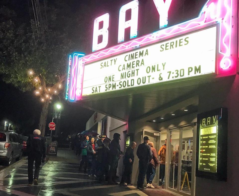 Rain-drenched movie goers begin to queue up for tickets to the second charity screening of the not-yet-released new Beau Bridges film, “Camera,” on Jan. 20, 2024. The second show had to be added because the first one sold out.