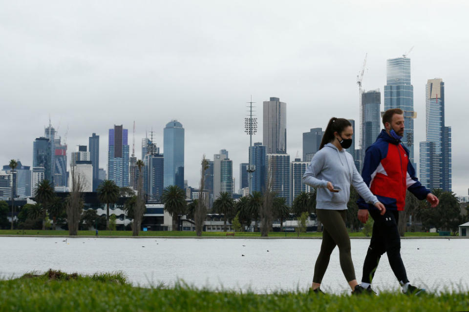 People enjoy their one hour of exercise allowed under stage 4 restrictions at Albert Park.