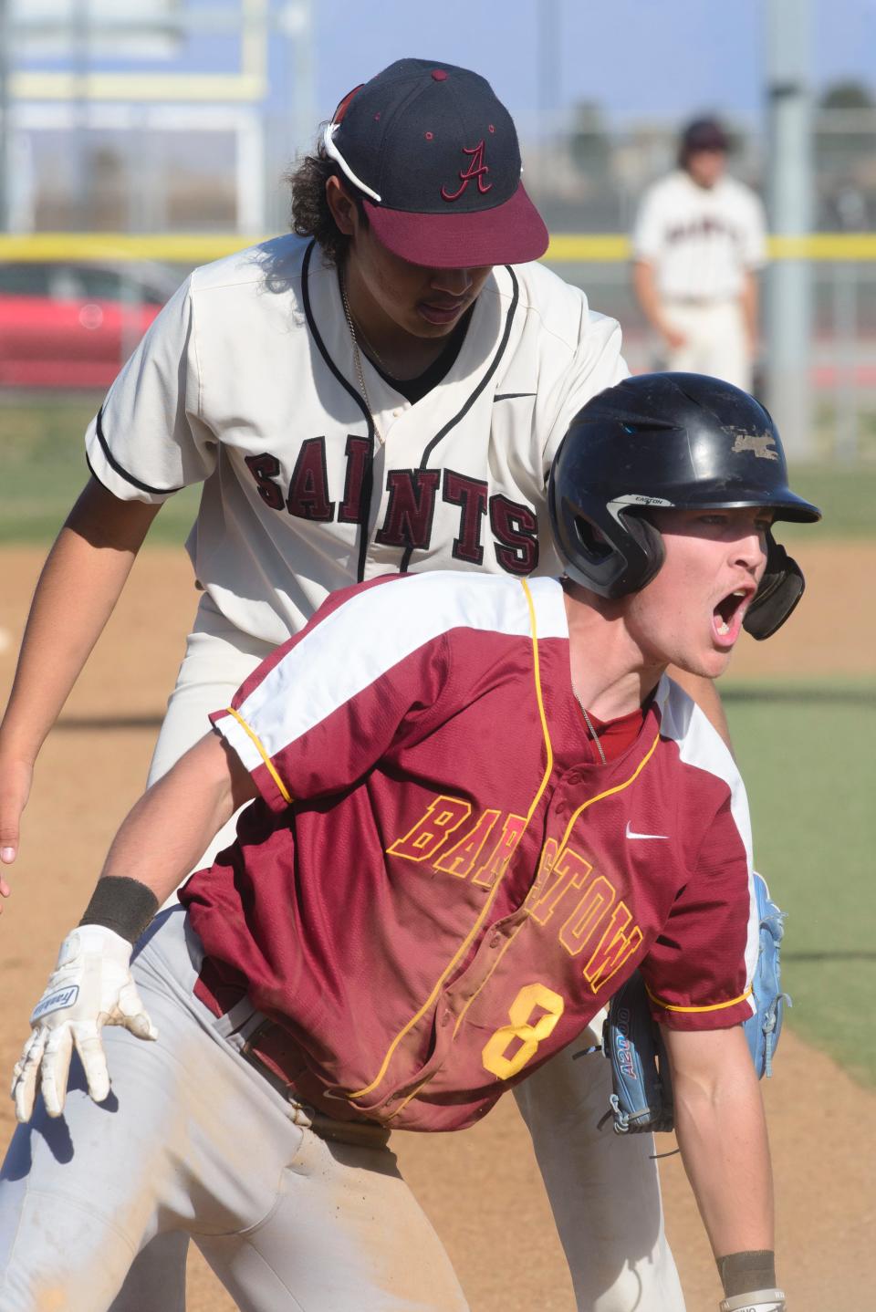 Barstow’s Gabriel Hernandez reacts after safely sliding into third base during the fifth inning on Wednesday, April 5, 2023.