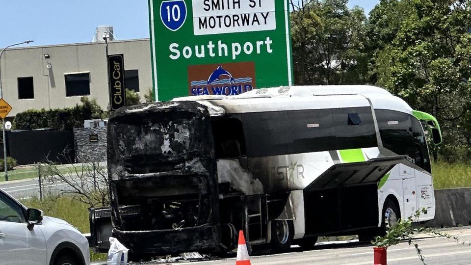 The bus fire caught alight as it was travelling south along the M1. Picture: Supplied/Peter Wallis