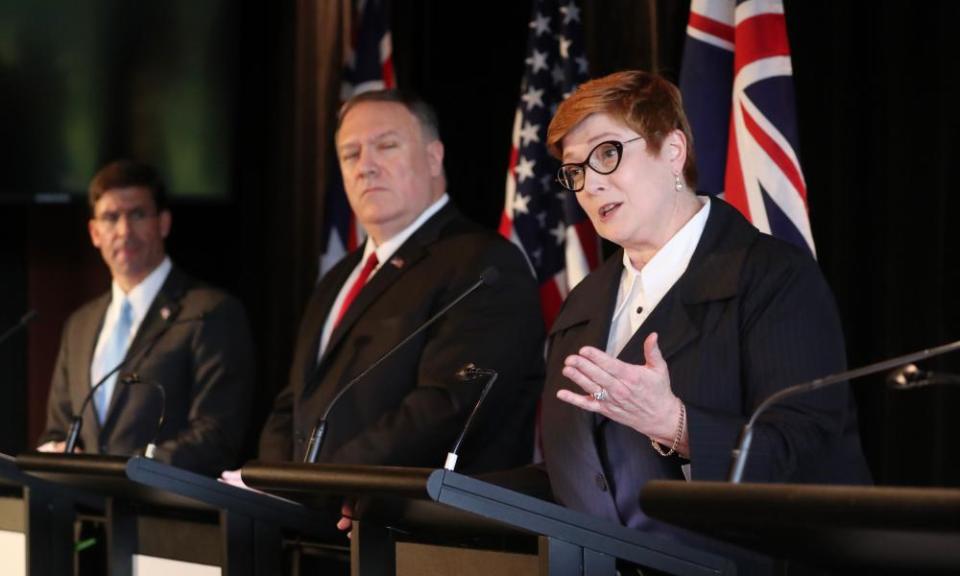 US defence secretary Mark Esper, US secretary of state Mike Pompeo and Australian foreign minister Marise Payne hold a news conference in Sydney in August