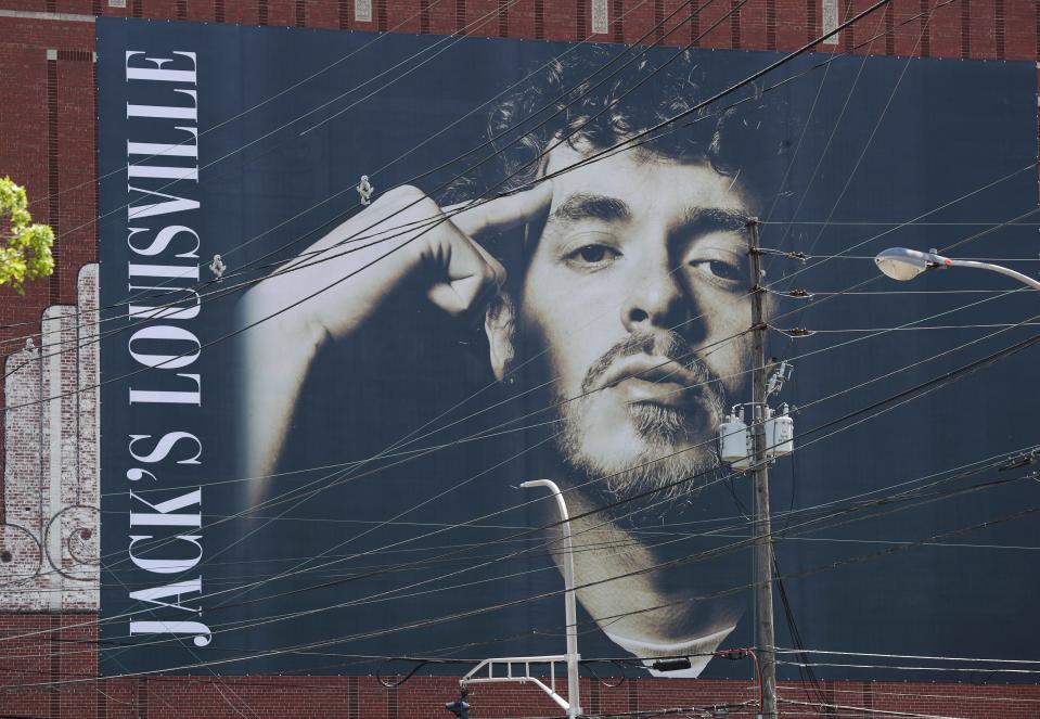 Rap music star and Louisvillian Jack Harlow was honored with a Hometown Heroes banner on the side of the A-OK Storage Building at the corner of Broadway and Barrett Ave. in Louisville, Ky. on May 3, 2023.  