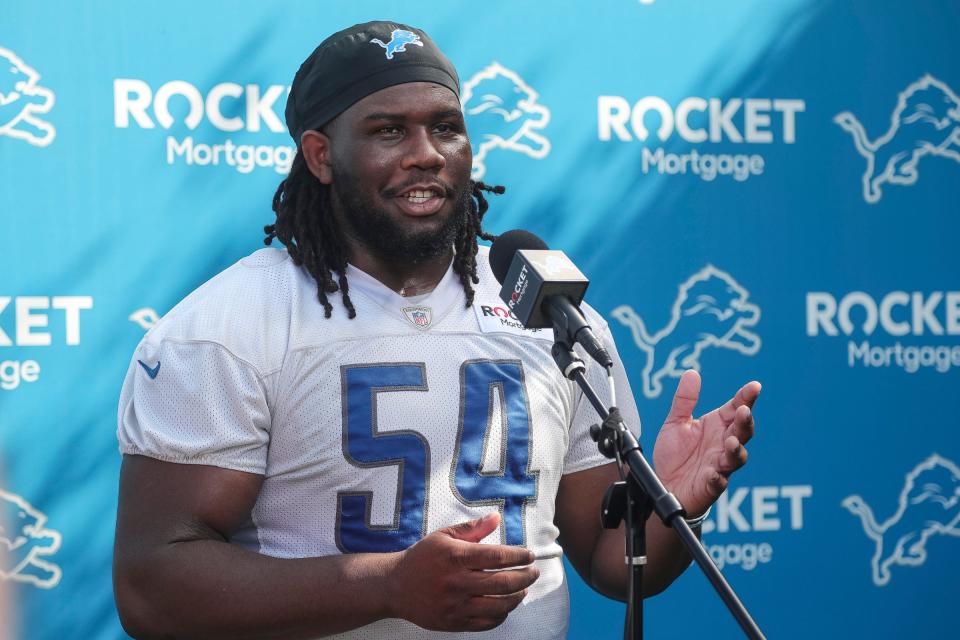 Detroit Lions defensive tackle Alim McNeill talks to reporters after practice during training camp at Detroit Lions Headquarters and Training Facility in Allen Park on Monday, July 24, 2023.